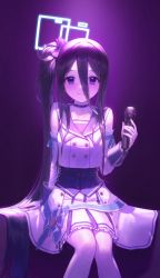 Rule 34 | 1girl, absurdly long hair, absurdres, aqua halo, aris (blue archive), black choker, black hair, blue archive, blush, chochomi, choker, collarbone, detached collar, feet out of frame, hair between eyes, halo, highres, holding, holding microphone, idol, long hair, long hair between eyes, looking at viewer, microphone, mischievous straight uniform (blue archive), purple background, rectangular halo, shirt, side ponytail, sitting, sleeveless, sleeveless shirt, smile, solo, spotlight, very long hair