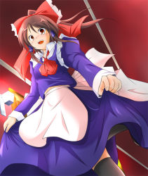 Rule 34 | 1girl, :d, alternate costume, apron, ascot, black thighhighs, bow, brown eyes, brown hair, collar, earrings, enmaided, female focus, hair bow, hakurei reimu, indoors, jewelry, lamp, long sleeves, looking at viewer, maid, maid apron, nanaume (shichimi tougarashi), open mouth, red bow, smile, solo, standing, thighhighs, touhou, waist apron, zettai ryouiki