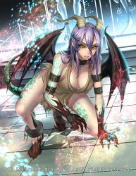 Rule 34 | 1girl, bare shoulders, blush, breasts, cleavage, clenched teeth, collar, collarbone, cuffs, dragon girl, dragon horns, dragon tail, dragon wings, full body, gyakushuu no fantasica, hair between eyes, horns, kneeling, large breasts, long hair, looking at viewer, official art, purple hair, ryuki@maguro-ex, scales, shackles, shirt, solo, tail, tattoo, teeth, torn clothes, torn shirt, veins, veiny breasts, wings, yellow eyes
