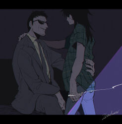 Rule 34 | 2boys, age difference, black hair, blue pants, cigarette, collared shirt, commentary request, endou yuuji, facial hair, feet out of frame, formal, goatee, green shirt, grey jacket, grey necktie, grey pants, hand on another&#039;s back, hand on another&#039;s shoulder, highres, holding, holding cigarette, inudori, itou kaiji, jacket, kaiji, letterboxed, long hair, long sleeves, looking at another, male focus, multiple boys, necktie, open mouth, pants, purple background, shirt, short bangs, short hair, short sleeves, signature, sitting, standing, suit, sunglasses, very short hair, white shirt, yaoi