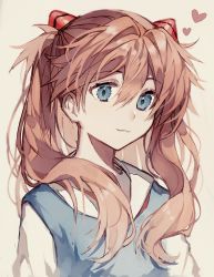 Rule 34 | 1girl, :3, blue eyes, brown hair, closed mouth, commentary request, deep (deep4946), hair between eyes, hair ornament, hair over shoulder, heart, highres, interface headset, long hair, looking at viewer, neon genesis evangelion, school uniform, shirt, simple background, smile, solo, souryuu asuka langley, two side up, upper body, white background, white shirt