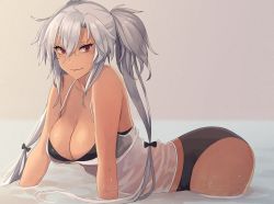 Rule 34 | 1girl, alternate costume, breasts, brown eyes, cleavage, collarbone, dark-skinned female, dark skin, glasses, hair between eyes, kantai collection, kasumi (skchkko), large breasts, long hair, looking at viewer, musashi (kancolle), musashi kai ni (kancolle), partially submerged, see-through, silver hair, smile, solo, tank top, two side up, wet, wet clothes, white tank top