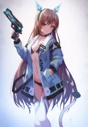 Rule 34 | 1girl, armband, bad id, bad pixiv id, bikini, bikini under clothes, black bikini, black choker, blue jacket, blush, breasts, brown eyes, brown hair, choker, cleavage, collarbone, doroshi, fake tail, finger on trigger, gun, hand in pocket, headgear, highres, holding, holding gun, holding weapon, jacket, long hair, long legs, long sleeves, looking at viewer, navel, open clothes, open jacket, original, parted lips, prosthesis, small breasts, solo, straight hair, swimsuit, tail, thighhighs, very long hair, weapon, white thighhighs