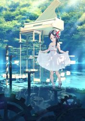 Rule 34 | 1girl, akausuko, black footwear, black hair, blue eyes, bow, braid, clothes lift, commentary request, dress, dress lift, gears, hair bow, highres, instrument, lifted by self, light rays, loafers, long hair, original, piano, piano bench, reflection, reflective water, scenery, shoes, smile, socks, solo, strapless, strapless dress, sunbeam, sundress, sunlight, surreal, tree, water, white dress, white socks