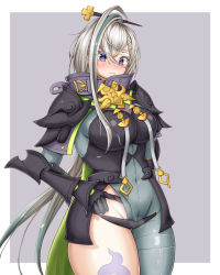 Rule 34 | 1girl, armor, asymmetrical clothes, blush, bodysuit, breastplate, breasts, covered navel, fate/grand order, fate (series), gauntlets, gradient hair, green hair, grey bodysuit, grey eyes, grey hair, hair between eyes, hair ornament, hairpin, high collar, highleg, highres, huyan zhuo (fate), huyan zhuo (second ascension) (fate), large breasts, long hair, looking at viewer, multicolored hair, pauldrons, purple eyes, shoulder armor, single pantsleg, solo, thick thighs, thighs, tt (xltt 1048), very long hair, white hair