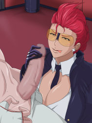Rule 34 | 1boy, 1girl, black eyes, braid, breasts, capcom, censored, cleavage, crimson viper, earrings, glasses, gloves, greco roman (spiral brain), handjob, hetero, highres, huge breasts, jacket, jewelry, long hair, looking up, naughty face, necktie, penis, pov, red hair, smile, spread legs, street fighter, tongue, tongue out