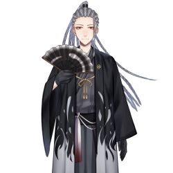 Rule 34 | 1boy, amagahuchi orochi, braid, braided ponytail, brown eyes, full body, grey hair, hand fan, japanese clothes, maha5, maha5japan, male focus, official art, solo, traditional clothes, virtual youtuber, white background