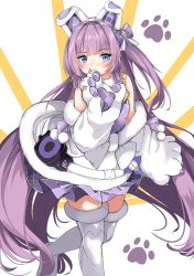 Rule 34 | 1girl, absurdres, azur lane, bare shoulders, blue eyes, blush, commentary request, covered mouth, dress, fur-trimmed dress, fur-trimmed legwear, fur trim, hand up, highres, long hair, looking at viewer, moyoron, off shoulder, pleated dress, purple dress, purple hair, solo, standing, standing on one leg, tashkent (azur lane), tashkent (muse) (azur lane), thighhighs, very long hair, white background, white dress, white thighhighs