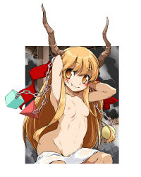 Rule 34 | 1girl, armpits, arms up, blonde hair, blush, breasts, chain, fang, female focus, flat chest, horns, ibuki suika, long hair, looking at viewer, maskman, nipples, nude, onsen, sitting, small breasts, smile, solo, touhou, towel, very long hair, yellow eyes