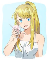 Rule 34 | 1girl, :d, bare shoulders, blonde hair, blue background, blue eyes, cup, drinking glass, earrings, food, framed, fullmetal alchemist, glass, holding, holding cup, holding drinking glass, ice cream, jewelry, long hair, looking at viewer, open mouth, ponytail, riru, shirt, simple background, smile, solo, spoon, sweatdrop, two-tone background, white background, white shirt, winry rockbell