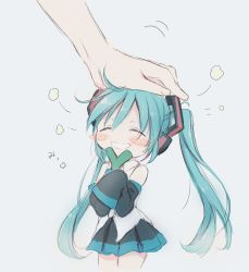 Rule 34 | 1girl, absurdres, aqua eyes, aqua hair, aqua necktie, bare shoulders, black skirt, black sleeves, blush stickers, commentary, cowboy shot, detached sleeves, food, grey background, grin, hair ornament, happy, hatsune miku, headpat, headphones, highres, hitode, holding, holding food, holding spring onion, holding vegetable, long hair, necktie, hugging object, open mouth, out of frame, pleated skirt, shirt, skirt, sleeveless, sleeveless shirt, sleeves past fingers, sleeves past wrists, smile, solo, spring onion, standing, twintails, vegetable, very long hair, vocaloid, white shirt