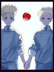 Rule 34 | 2boys, apple, brothers, child, closed mouth, decided 218, food, fruit, holding hands, millions knives, mole, mole under eye, multiple boys, pants, shirt, siblings, simple background, trigun, vash the stampede, white background, white pants, white shirt