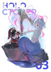 Rule 34 | 2girls, :d, absurdres, bicorne, black coat, black headwear, blue hair, blunt bangs, blush, breasts, closed eyes, coat, cropped jacket, cropped shirt, epaulettes, eyepatch, fins, fish tail, gawr gura, gloves, hair ornament, hair ribbon, hands on own face, harp, hat, heart, heart in eye, highres, hololive, hololive english, houshou marine, instrument, jacket, kouhiipan, large breasts, medium hair, midriff, multicolored hair, multiple girls, navel, open mouth, pirate hat, red eyes, red jacket, red ribbon, ribbon, see-through, see-through shirt, shark girl, shark hair ornament, shark tail, sharp teeth, shirt, sidelocks, sitting, sleeveless, sleeveless shirt, small breasts, smile, stomach, streaked hair, symbol in eye, tail, teeth, twintails, two side up, upper teeth only, virtual youtuber, white gloves, white hair, white shirt