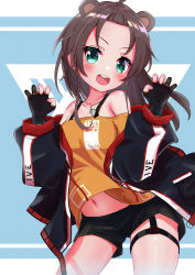 Rule 34 | 1girl, :d, absurdres, animal ears, bear ears, black gloves, black shorts, blue background, blue jacket, blush, brown hair, claw pose, cowboy shot, dog tags, extra ears, forehead, gloves, green eyes, highres, hololive, jacket, long hair, long sleeves, looking at viewer, natsuiro matsuri, natsuiro matsuri (gaming casual), navel, off-shoulder shirt, off shoulder, ontake2009, open clothes, open jacket, open mouth, orange shirt, parted bangs, partially fingerless gloves, shirt, short shorts, shorts, smile, solo, teeth, thigh strap, upper teeth only, v-shaped eyebrows, virtual youtuber