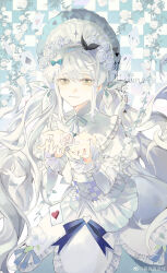 Rule 34 | absurdres, blue theme, card, cowboy shot, dress, fengguai, flower, frilled dress, frills, grey eyes, hairband, highres, hime lolita, jewelry, lolita fashion, looking at viewer, looking back, one-hour drawing challenge, original, ribbon, rose, smile, solo, sweet lolita, twintails, white flower, white hair, white rose