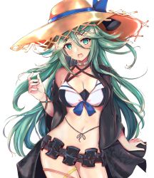 Rule 34 | 1girl, bikini, black jacket, black ribbon, blush, bow, bow bra, bra, breasts, choker, cleavage, commentary request, contrapposto, cowboy shot, criss-cross halter, eriyama e, floral print, frills, green eyes, green hair, hair between eyes, hair flaps, hair ornament, hair ribbon, hairclip, halterneck, hat, highres, hip focus, jacket, kantai collection, long hair, looking at viewer, medium breasts, navel, open mouth, parted bangs, ponytail, ribbon, sidelocks, solo, stomach, straw hat, swimsuit, thighs, underwear, white choker, yamakaze (kancolle)