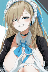 Rule 34 | 1girl, asuna (blue archive), asymmetrical bangs, blonde hair, blue archive, blue eyes, blue ribbon, blush, breasts, choker, cleavage, collar, commentary, detached collar, gloves, grin, hair ribbon, heart, heart hands, highres, huge breasts, long hair, looking at viewer, maid headdress, mole, mole on breast, neck ribbon, outline, ribbon, smile, solo, white gloves, yuindesu