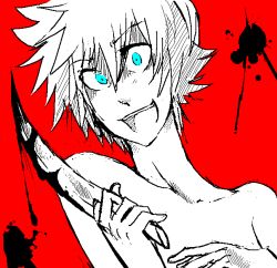 Rule 34 | 1boy, blood, blue eyes, crazy eyes, grin, kingdom hearts, knife, male focus, monochrome, red background, roxas, short hair, smile, solo, spot color, topless male, upper body