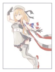 Rule 34 | 10s, 1girl, armband, bare shoulders, belt, blonde hair, breasts, dress, garter straps, gloves, hair between eyes, hand up, hat, kantai collection, long hair, looking at viewer, richelieu (kancolle), rudder footwear, sketch, sleeveless, smile, solo, strapless, strapless dress, thighhighs, tiasis, wavy hair