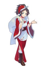 Rule 34 | 1girl, apron, aqua eyes, boots, carrying over shoulder, choker, dress, full body, fur trim, hat, highres, long sleeves, looking at viewer, official art, otoha leonard, peroshi (graphic loops), red dress, sack, santa costume, santa hat, side slit, simple background, smile, solo, swept bangs, toys drive, white background, wide sleeves