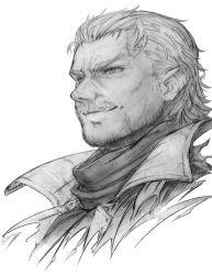 Rule 34 | 1boy, aged down, beard, facial hair, greyscale, imizu (nitro unknown), male focus, metal gear (series), metal gear solid v: the phantom pain, monochrome, nose, portrait, revolver ocelot, scarf, short hair, simple background, sketch, smile, solo