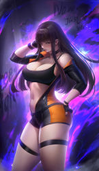 Rule 34 | 1girl, absurdres, adjusting hair, blush, bodysuit, bracelet, brawler (dungeon and fighter), breasts, brown eyes, brown hair, chinese commentary, choker, cleavage, commentary request, crop top, dungeon and fighter, fighter (dungeon and fighter), fingerless gloves, flute (artist), gloves, hand on own hip, highres, jacket, jewelry, large breasts, leather, long hair, looking at viewer, nail polish, navel, off shoulder, open bodysuit, open clothes, open jacket, purple background, skin tight, sports bra, stomach, thick thighs, thigh strap, thighlet, thighs
