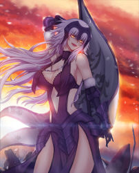 Rule 34 | 1girl, ahoge, arm up, armor, armored dress, bare shoulders, breasts, chain, dress, dusk, fate/grand order, fate (series), flag, highres, holding, holding flag, jeanne d&#039;arc (fate), jeanne d&#039;arc alter (avenger) (fate), jeanne d&#039;arc alter (avenger) (third ascension) (fate), jeanne d&#039;arc alter (fate), large breasts, long hair, looking at viewer, navel, open mouth, raoul (raoul77), silver hair, smile, solo, standing, yellow eyes