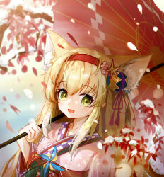 Rule 34 | 1girl, adelaide (user teuz4733), animal ear fluff, animal ears, arknights, blonde hair, chinese commentary, commentary request, extra ears, fang, fox ears, fox girl, green eyes, hairband, highres, japanese clothes, kimono, looking at viewer, obi, official alternate costume, oil-paper umbrella, open mouth, pink kimono, pinwheel, red hairband, red umbrella, sash, solo, suzuran (arknights), suzuran (yukibare) (arknights), umbrella, upper body