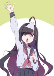 Rule 34 | 1girl, ahoge, black hair, black sailor collar, black skirt, bright pupils, colored inner hair, commentary request, grey shirt, hand up, highres, long hair, long sleeves, looking at viewer, multicolored hair, neckerchief, open mouth, original, pleated skirt, purple eyes, purple hair, red neckerchief, sailor collar, school uniform, serafuku, shirt, skirt, solo, tama (tama-s), triangular headpiece, two-tone hair, upper body, v-shaped eyebrows, waving