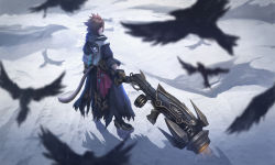 Rule 34 | 1boy, animal ears, bird, blurry foreground, brown hair, cat ears, cat tail, chaosringen, commission, facial hair, facial mark, final fantasy, final fantasy xiv, fingerless gloves, from above, from behind, gloves, gun, highres, holding, holding gun, holding weapon, long coat, machinist (final fantasy), male focus, miqo&#039;te, motion blur, outdoors, red eyes, shadow, snow, solo, spiked hair, standing, tail, weapon