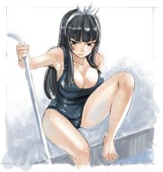 Rule 34 | 1girl, barefoot, black hair, bow, breasts, brown eyes, cleavage, fairy tail, feet, female focus, kagura mikazuchi, large breasts, long hair, mashima hiro, solo, swimsuit