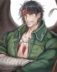 Rule 34 | 1boy, bad id, bad twitter id, bandages, black hair, brown hair, crossed arms, facial scar, feather necklace, feathered wings, fire emblem, green jacket, headband, highres, jacket, jewelry, looking at viewer, male focus, muscular, muscular male, necklace, nintendo, pectoral cleavage, pectorals, pointy ears, scar, scar on cheek, scar on face, sdz (inazuma), short hair, sideburns, smile, solo, tibarn (fire emblem), upper body, wings, yellow eyes