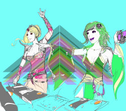 Rule 34 | 1990s (style), 2girls, \m/, blonde hair, detached sleeves, dj, final fantasy, final fantasy iv, green hair, hair ornament, multiple girls, open mouth, pointing, retro artstyle, rosa farrell, rydia (ff4), smile, we.are.the.armada