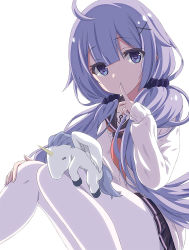 Rule 34 | 1girl, ahoge, anchor symbol, azur lane, black sailor collar, black scrunchie, black skirt, blue eyes, cardigan, commentary request, feet out of frame, finger to mouth, hair between eyes, hair ornament, hair scrunchie, knees together feet apart, long hair, low twintails, neckerchief, pantyhose, pleated skirt, purple hair, red neckerchief, sailor collar, scrunchie, shushing, simple background, skirt, solo, stuffed winged unicorn, sukireto, twintails, unicorn (long-awaited date) (azur lane), unicorn (azur lane), very long hair, white background, white cardigan, white pantyhose, x hair ornament
