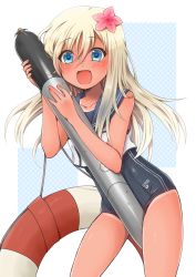 Rule 34 | 10s, 1girl, \||/, between legs, blonde hair, blue eyes, blush, collarbone, contrapposto, cowboy shot, crop top, flower, hair flower, hair ornament, hibiscus, highres, kantai collection, lifebuoy, long hair, looking at viewer, one-piece swimsuit, open mouth, ro-500 (kancolle), sailor collar, school swimsuit, shirt, sleeveless, sleeveless shirt, smile, solo, standing, suiki isuka, swim ring, swimsuit, tan, tanline, torpedo