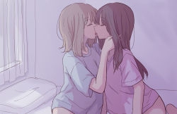 Rule 34 | 2girls, absurdres, bed, bedroom, betock, blue shirt, brown hair, commentary request, curtains, closed eyes, french kiss, hand in another&#039;s hair, highres, indoors, kiss, light brown hair, long hair, medium hair, multiple girls, on bed, open mouth, original, pillow, pink shirt, saliva, shirt, sitting, t-shirt, tongue, tongue out, yuri