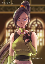 Rule 34 | 1girl, bare shoulders, black gloves, black shirt, blurry, blurry background, breasts, collarbone, commentary request, dragon quest, dragon quest xi, fingerless gloves, gloves, green shirt, hair ornament, hair scrunchie, high ponytail, highres, large breasts, long hair, looking at viewer, martina (dq11), midriff, navel, o-ring, o-ring top, orange scrunchie, pekuchin (pekuchin 3), ponytail, purple eyes, purple hair, scrunchie, shirt, sleeveless, sleeveless shirt, solo, sunlight, translation request, twitter username, upper body, very long hair, window