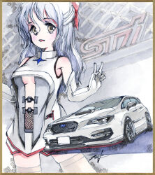 Rule 34 | 1girl, bow, breasts, brown eyes, car, center opening, dress, elbow gloves, gloves, grey dress, grey hair, grey thighhighs, hair bow, hi fumiyo, highres, long hair, looking to the side, medium breasts, motor vehicle, open mouth, original, personification, red bow, shadow, skindentation, sleeveless, sleeveless dress, smile, subaru (brand), subaru levorg, thighhighs, underboob, vehicle and personification, white gloves