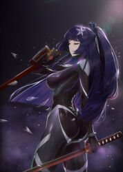 Rule 34 | 1girl, absurdres, ass, black bodysuit, blue hair, bodysuit, braid, breasts, closed eyes, closed mouth, fieryonion, from side, hair ornament, highres, holding, holding sheath, holding sword, holding weapon, katana, large breasts, long hair, mole, mole under eye, ponytail, sheath, shiny clothes, solo, standing, star (symbol), star hair ornament, sword, tatakau ataisuru, unsheathed, weapon, yamaguchi ryouko