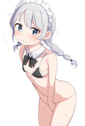 Rule 34 | 1girl, @ @, bikini, bikini top only, black bikini, black bow, black bowtie, blue eyes, blush, bottomless, bow, bowtie, braid, breasts, closed mouth, copyright request, covering privates, covering crotch, detached collar, frilled bikini, frills, grey hair, highres, long hair, maid, maid bikini, maid headdress, saiste, simple background, small breasts, solo, sweat, swimsuit, tears, twin braids, unconventional maid, wavy mouth, white background