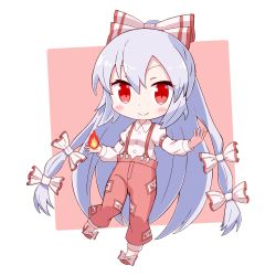 Rule 34 | 1girl, border, bow, chibi, closed mouth, collared shirt, fire, footwear bow, fujiwara no mokou, full body, grey hair, hair bow, highres, juliet sleeves, long hair, long sleeves, looking at viewer, multiple bows, ofuda, ofuda on clothes, pants, puffy sleeves, pyrokinesis, red background, red eyes, red pants, shirt, simple background, smile, solo, suspenders, touhou, toyomagorilla, white border, white shirt