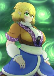 Rule 34 | 1girl, belly, blonde hair, blush, breasts, commentary, frown, green eyes, guroo (shine119), half updo, highres, large breasts, mizuhashi parsee, plump, pointy ears, robe, sash, scarf, solo, touhou, undershirt