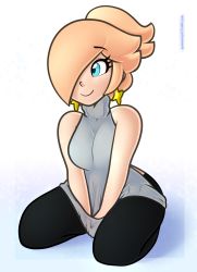 Rule 34 | 1girl, artist name, bare shoulders, black pantyhose, blonde hair, blue eyes, breasts, closed mouth, clothes tug, earrings, eyelashes, full body, gonenannurs, grey sweater, hair over one eye, hands on lap, highres, jewelry, mario (series), medium breasts, meme attire, nintendo, pantyhose, ponytail, rosalina, seiza, shadow, simple background, sitting, sleeveless, sleeveless sweater, smile, solo, star (symbol), star earrings, super mario galaxy, sweater, sweater tug, thick thighs, thighs, tumblr username, turtleneck, turtleneck sweater, virgin killer sweater, watermark, web address, white background
