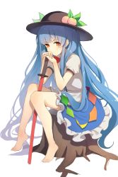 Rule 34 | 1girl, absurdres, bare legs, barefoot, black hat, blue hair, dampi, feet, food, fruit, full body, hat, highres, hinanawi tenshi, leaf, long hair, looking at viewer, peach, puffy short sleeves, puffy sleeves, red eyes, shirt, short sleeves, simple background, sitting, skirt, solo, sword of hisou, touhou, tree stump, very long hair, white background, white shirt