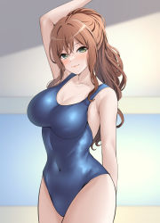 Rule 34 | 1girl, :3, absurdres, arm behind back, arm up, armpit crease, bang dream!, bare arms, bare shoulders, blue one-piece swimsuit, blurry, blurry background, breasts, brown hair, cleavage, closed mouth, collarbone, commentary, covered navel, cowboy shot, crossed bangs, green eyes, hair between eyes, head tilt, highres, imai lisa, indoors, large breasts, long hair, looking at viewer, one-piece swimsuit, ponytail, ptal, school swimsuit, sidelocks, smile, solo, standing, swimsuit, wavy hair