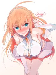 Rule 34 | 1girl, absurdres, ahoge, arm up, armpits, bare shoulders, bent over, blush, bouncing breasts, braid, braided hair rings, breasts, bridal gauntlets, cleavage, commentary request, earrings, embarrassed, flying sweatdrops, hair rings, hairband, hand on own thigh, hanging breasts, highres, hug, jewelry, kawa mura, large breasts, long hair, looking at viewer, miniskirt, nose blush, orange hair, pecorine (princess connect!), princess connect!, simple background, skirt, solo, speech bubble, spoken blush, very long hair, white background, white hairband, white skirt