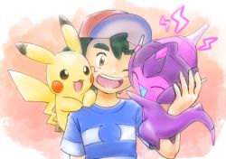 Rule 34 | 1boy, ;d, ash ketchum, baseball cap, blue shirt, brown eyes, commentary request, creatures (company), game freak, gen 1 pokemon, gen 7 pokemon, green hair, hand up, happy, hat, ichina0107, male focus, nintendo, on shoulder, one eye closed, open mouth, pikachu, poipole, pokemon, pokemon (anime), pokemon (creature), pokemon on shoulder, pokemon sm (anime), shirt, short hair, short sleeves, smile, striped clothes, striped shirt, t-shirt, teeth, tongue, twitter username, ultra beast, upper body, upper teeth only