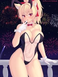 Rule 34 | 1girl, animal ear fluff, animal ears, bare arms, bare shoulders, blonde hair, blush, breasts, cat ears, cat girl, cleavage, collarbone, fireworks, gloves, highres, large breasts, leotard, long hair, meme attire, nottytiffy, original, outdoors, parted lips, patreon username, ponytail, red eyes, see-through, see-through leotard, solo, thighs, tiffy (nottytiffy), translucent bunnysuit, white gloves