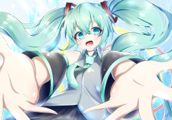 Rule 34 | 1girl, aqua eyes, aqua hair, bare shoulders, blue eyes, blush, commentary, detached sleeves, floating hair, hair between eyes, hair ornament, hands up, hatsune miku, highres, long hair, looking at viewer, necktie, open mouth, reaching, reaching towards viewer, signature, skirt, solo, takemura kou, teeth, twintails, upper teeth only, very long hair, vocaloid