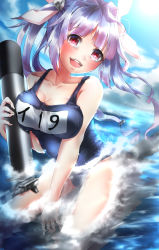 Rule 34 | 10s, 1girl, :d, absurdres, bad id, bad pixiv id, bare shoulders, blue hair, blue sky, breasts, day, hair ornament, head tilt, highres, i-19 (kancolle), kantai collection, large breasts, looking at viewer, name tag, open mouth, partially submerged, red eyes, school swimsuit, shiromoru (yozakura rety), sky, smile, solo, star-shaped pupils, star (symbol), swimsuit, symbol-shaped pupils, torpedo, tri tails